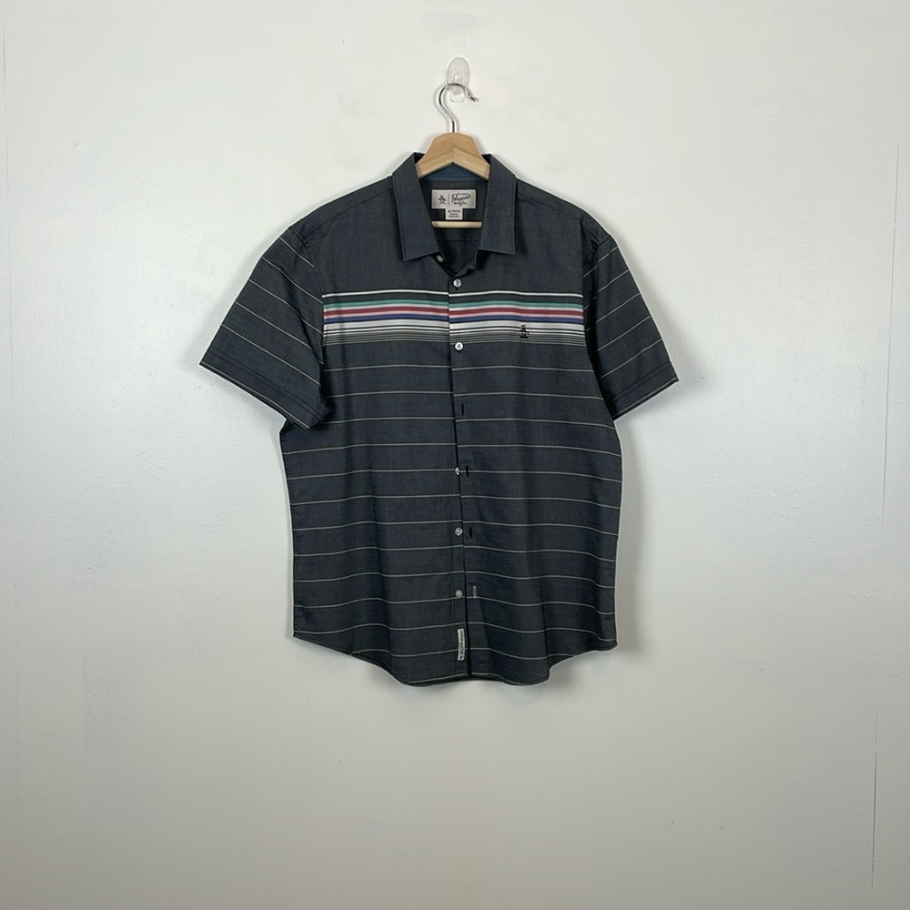Penguin By Munsingwear Mens XL Short Sleeve Button Down Striped Casual Shirt